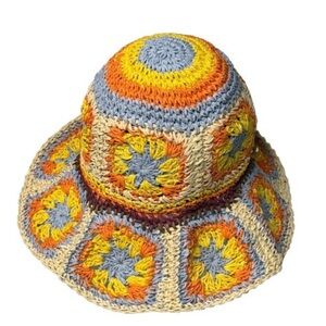 Peter Grimm Fergie Granny Square Crochet Floral Raffia Hat Boho Summer Pura Vida